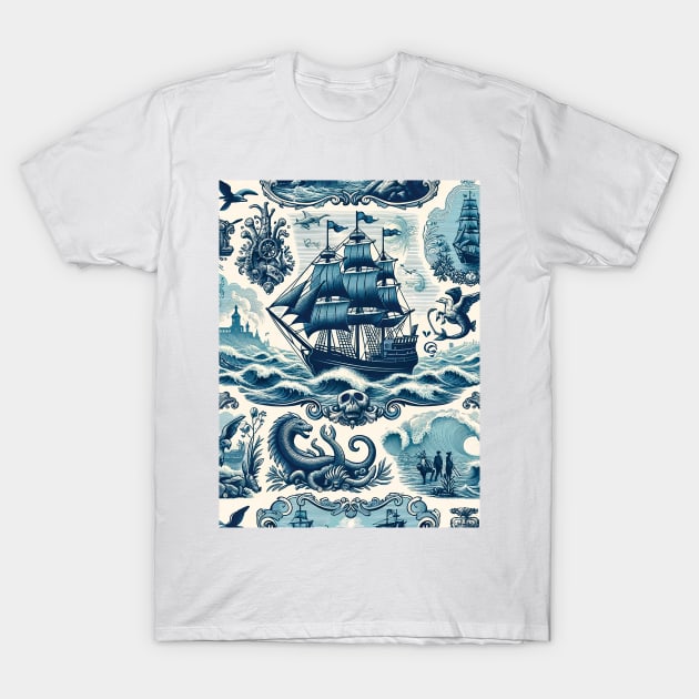 Nautical Odyssey Vintage Wallpaper, Toile de Jouy Tale T-Shirt by Gold Turtle Lina